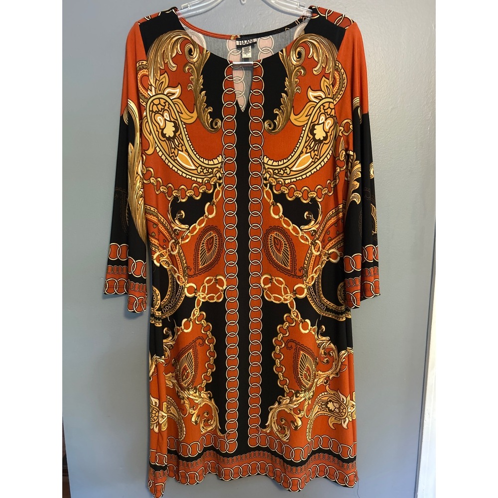 Haani Women Orange Black Baroque Chain Print Bell Sleeve Sheath Dress Size M